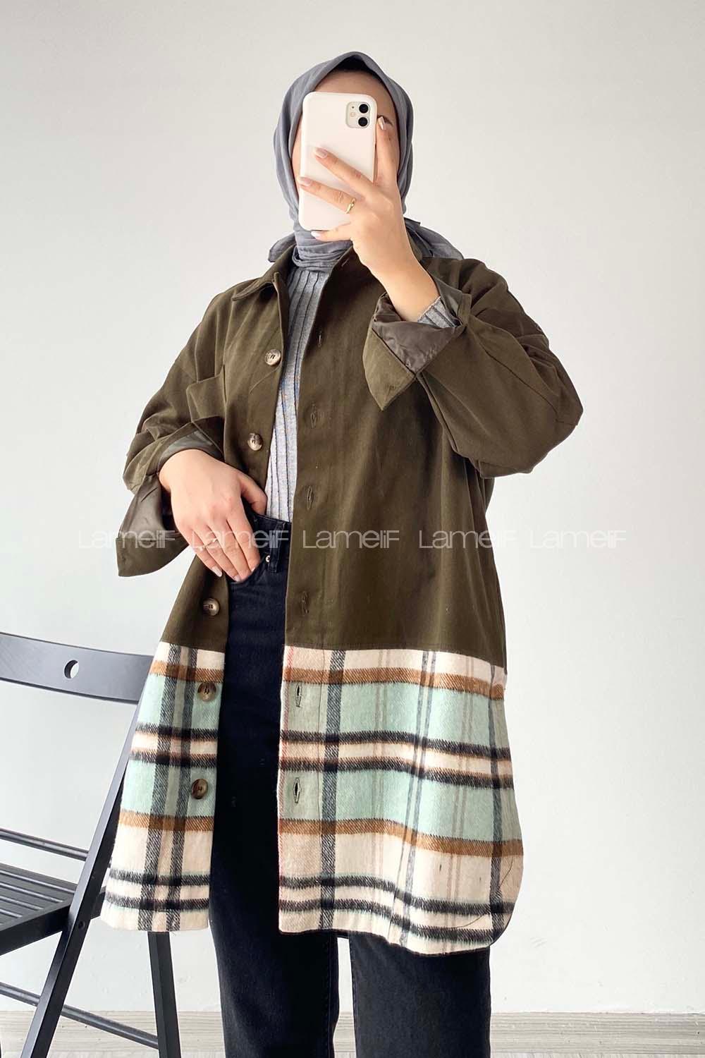 Modalamelif Ekose Garnili Yırtmaç Detaylı Ceket Haki