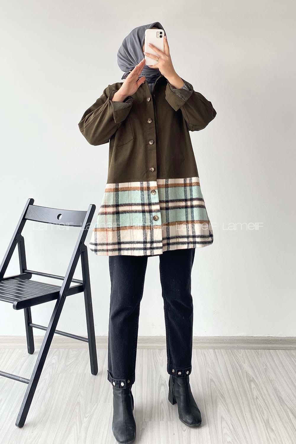 Modalamelif Ekose Garnili Yırtmaç Detaylı Ceket Haki