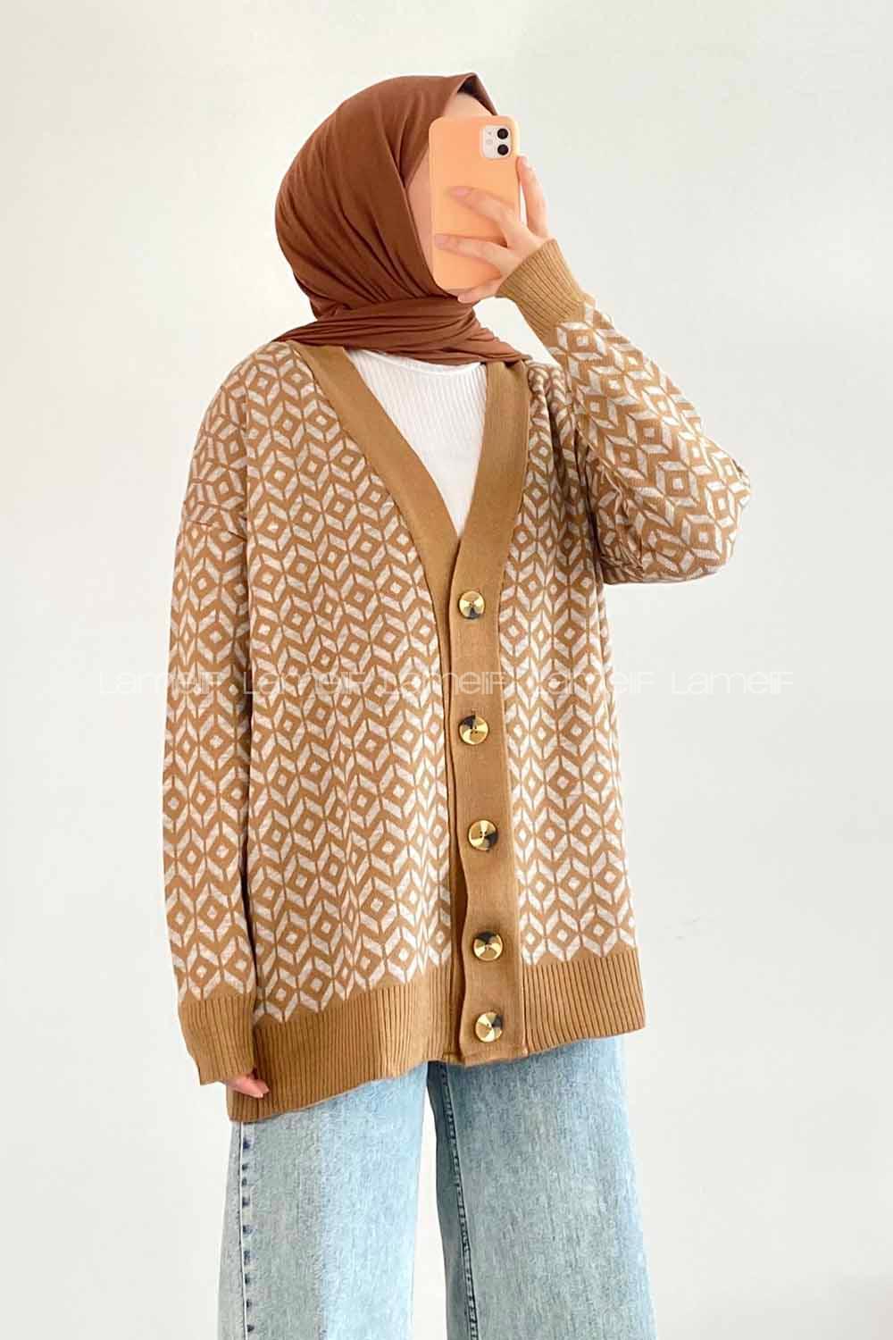 Modalamelif V Yaka Düğmeli Desenli Triko Hırka Camel