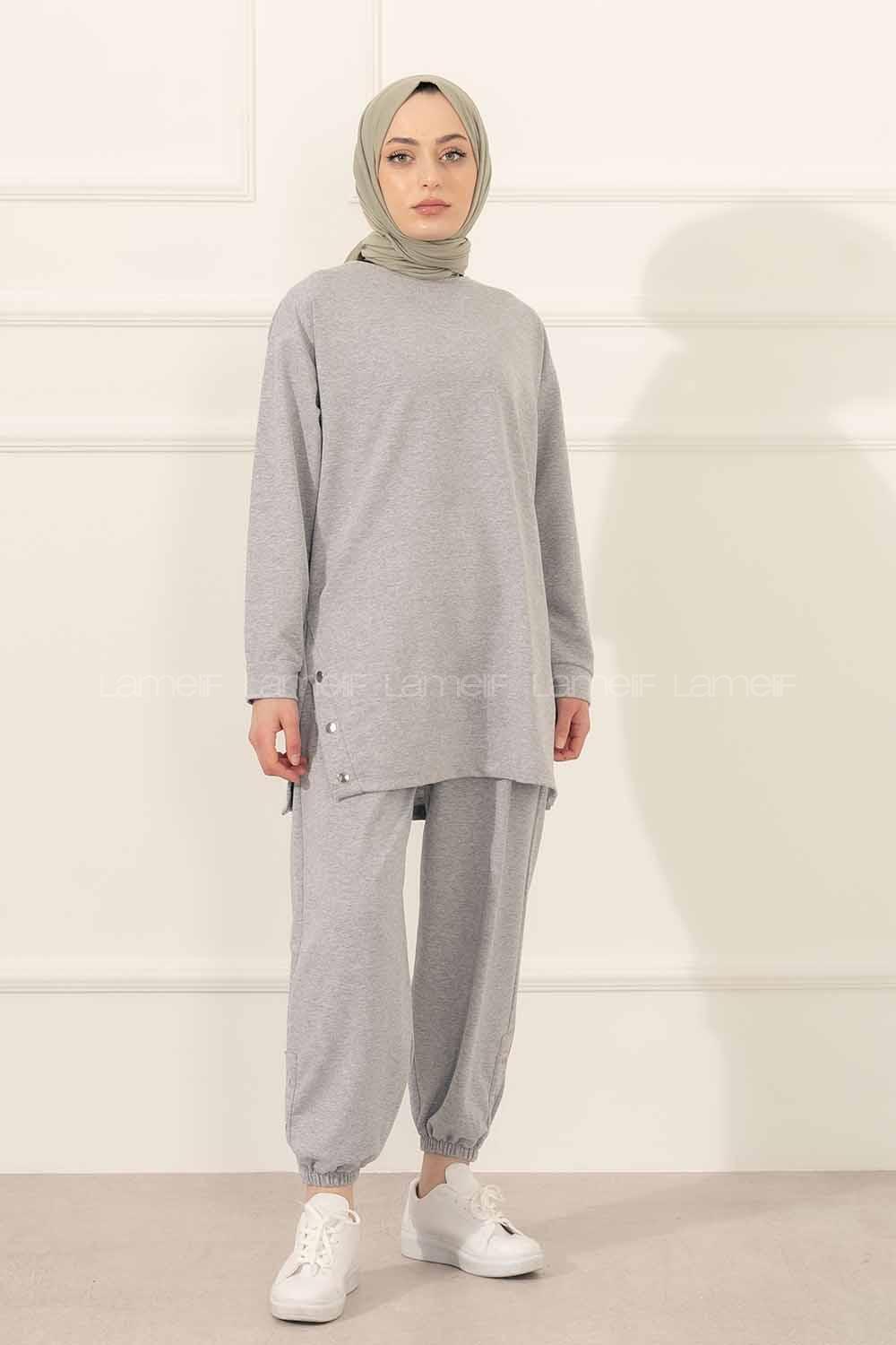 Modalamelif Yan Yırtmaç Detaylı Paça Lastili İkili Takım Gri