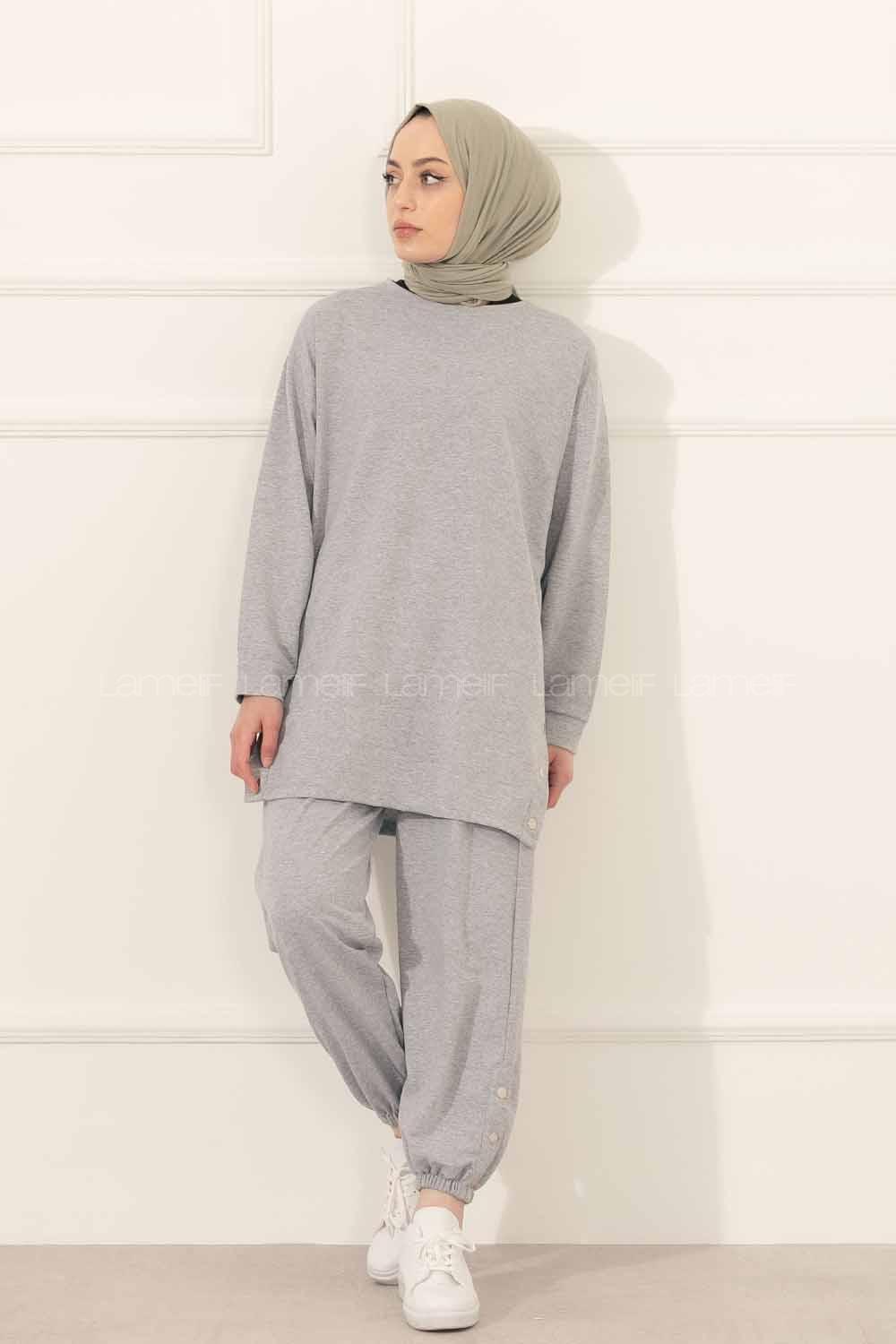 Modalamelif Yan Yırtmaç Detaylı Paça Lastili İkili Takım Gri