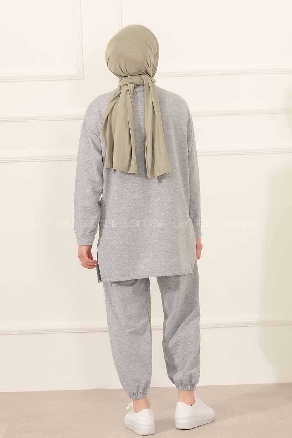 Modalamelif Yan Yırtmaç Detaylı Paça Lastili İkili Takım Gri