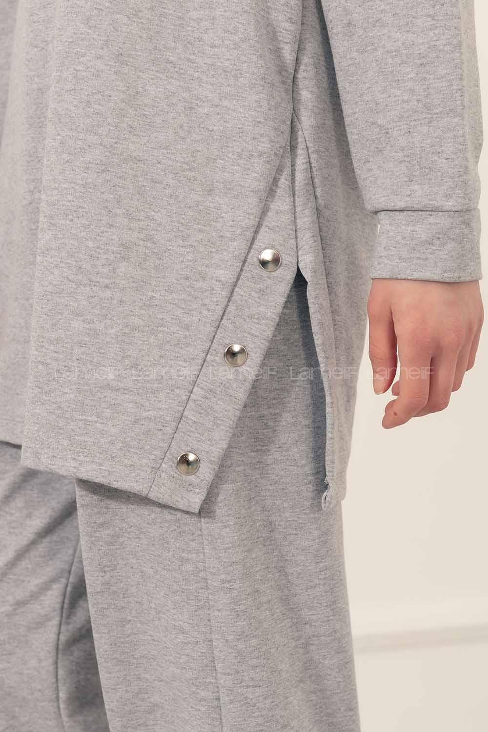 Modalamelif Yan Yırtmaç Detaylı Paça Lastili İkili Takım Gri