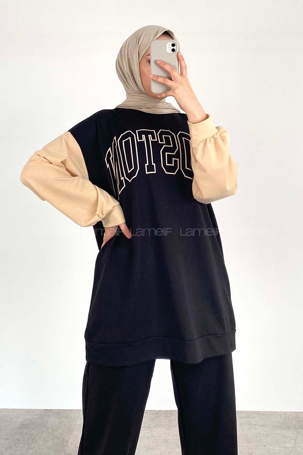 Modalamelif Boston Baskılı Kol Garnili Sweat Siyah