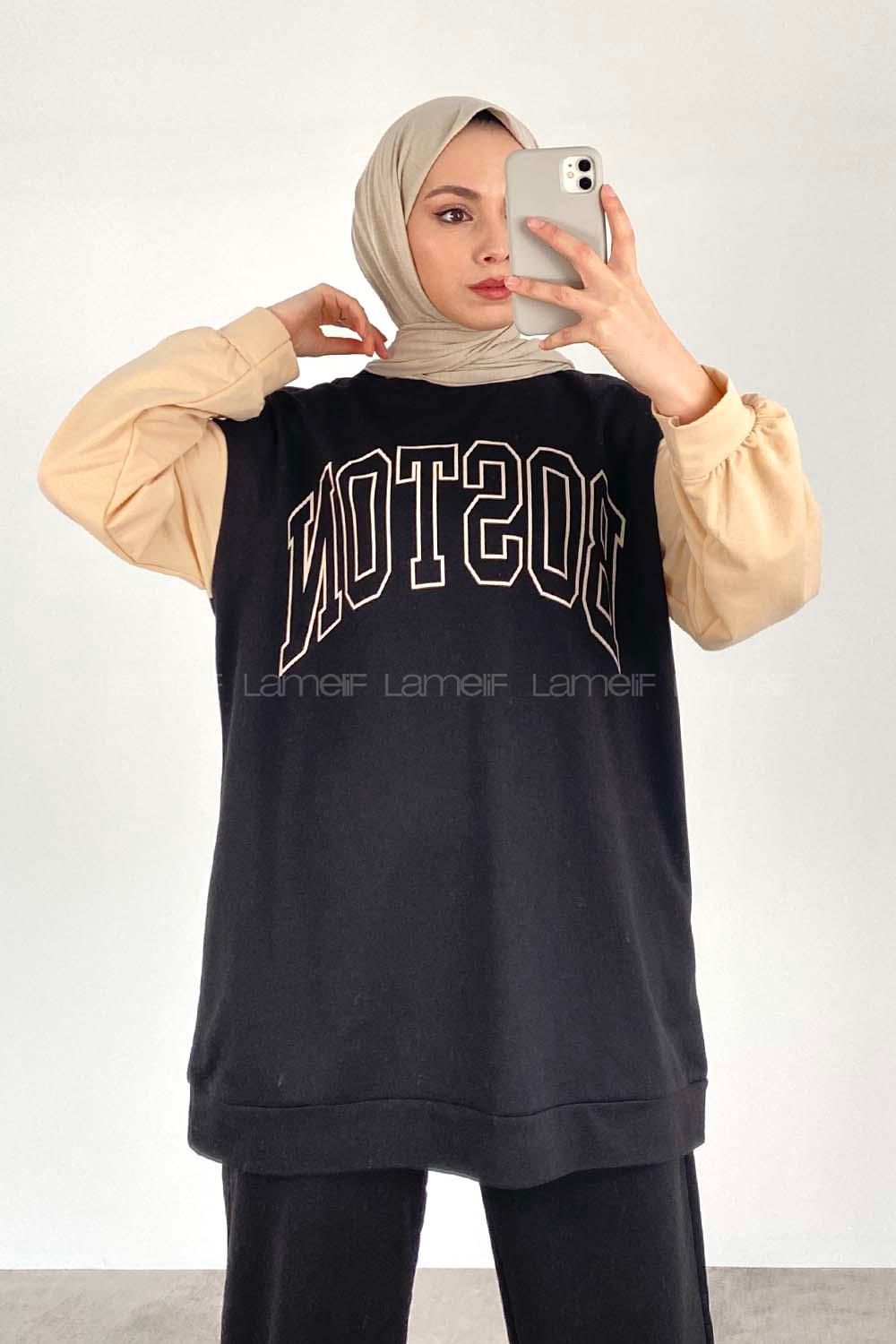 Modalamelif Boston Baskılı Kol Garnili Sweat Siyah