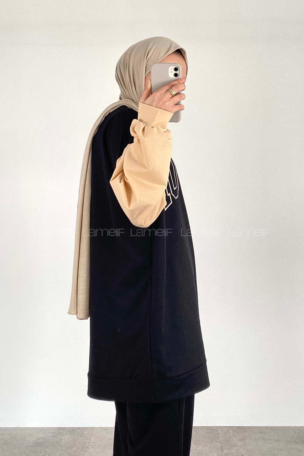 Modalamelif Boston Baskılı Kol Garnili Sweat Siyah