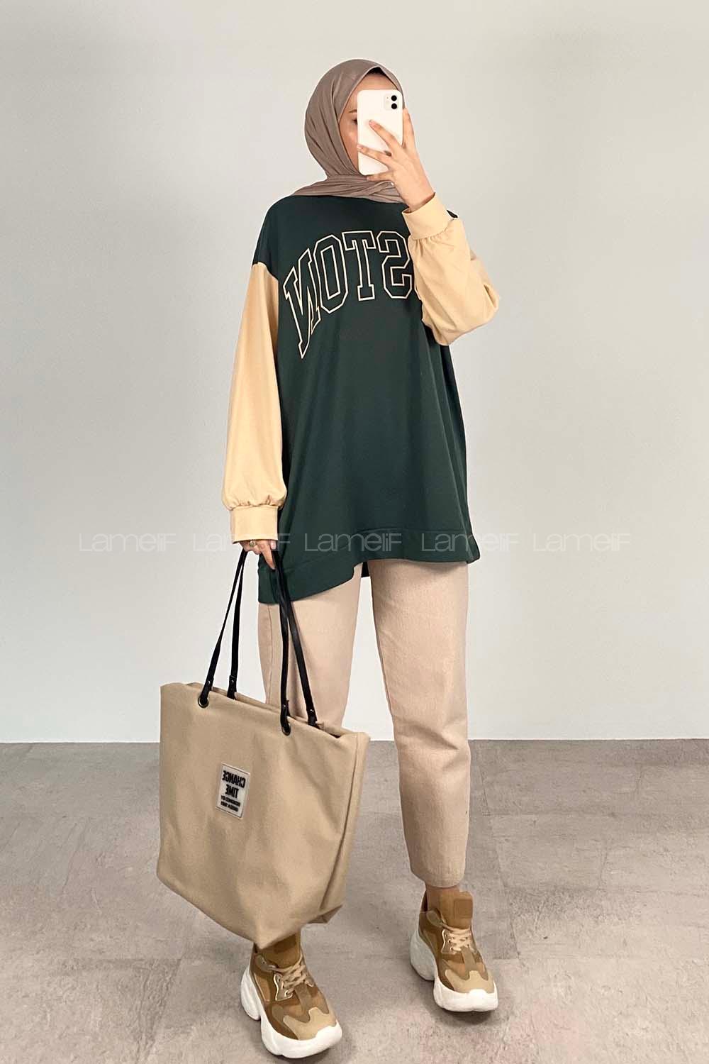 Modalamelif Boston Baskılı Kol Garnili Sweat Yeşil