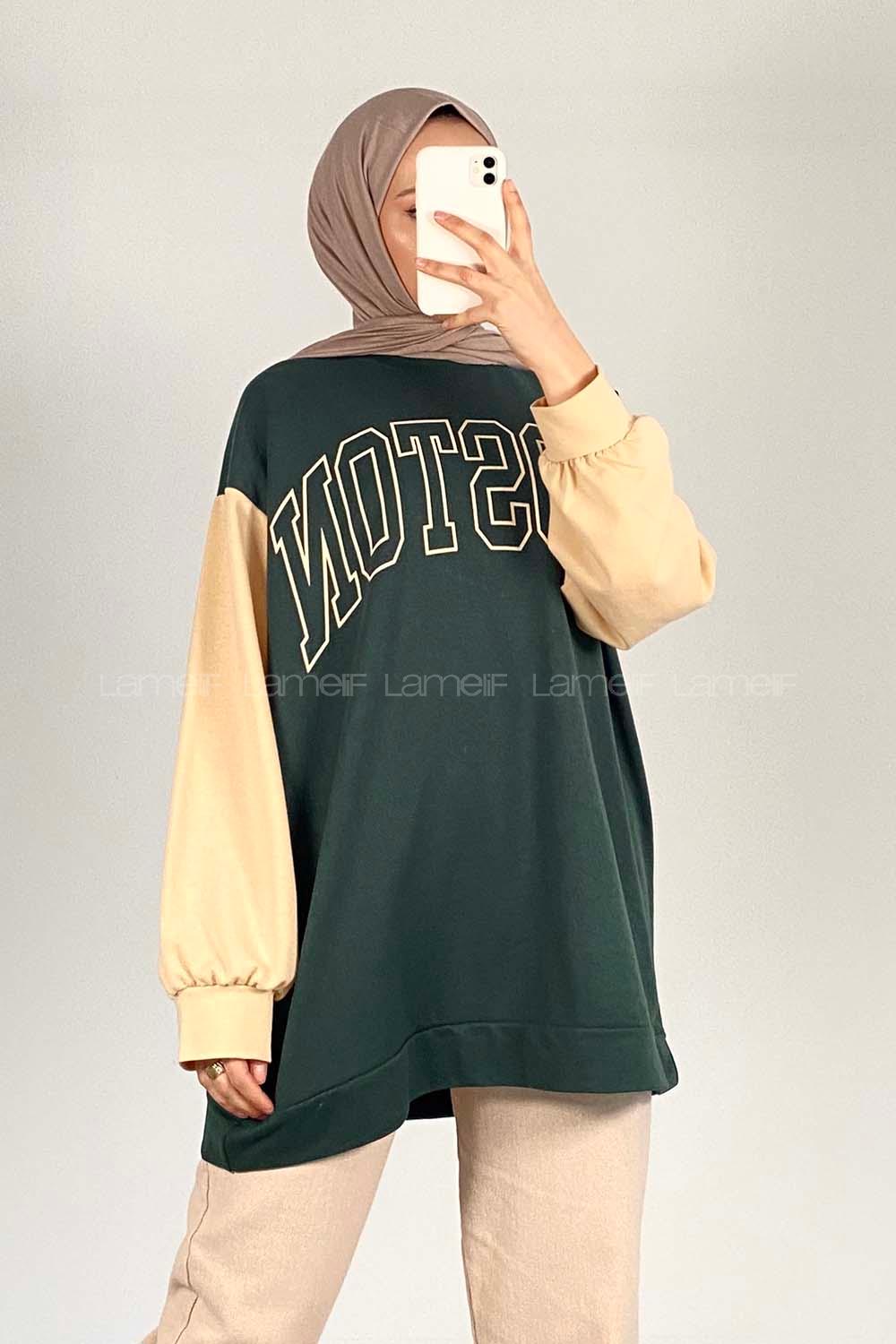 Modalamelif Boston Baskılı Kol Garnili Sweat Yeşil