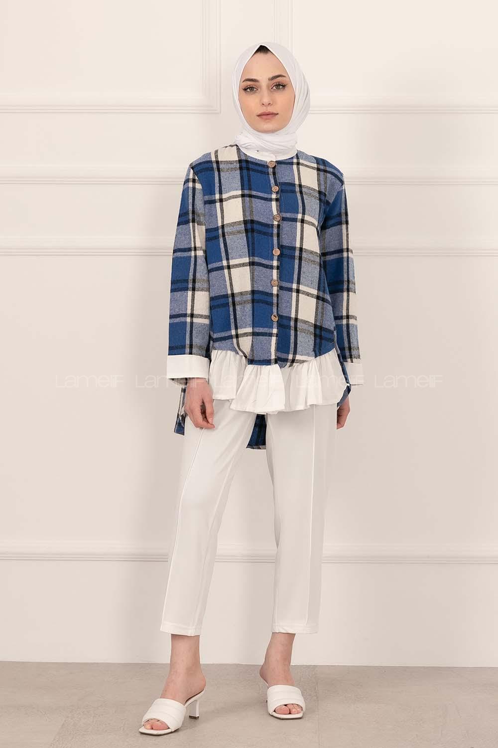 Modalamelif Ekose Desenli Hakim Yaka Fırfırlı Gömlek Saks Mavisi