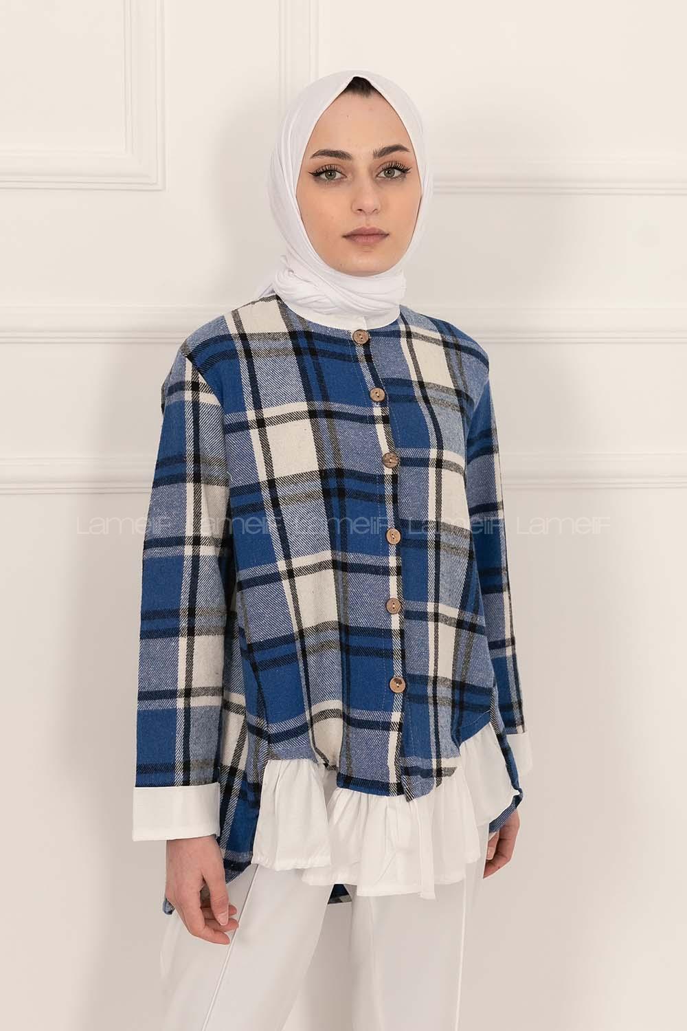 Modalamelif Ekose Desenli Hakim Yaka Fırfırlı Gömlek Saks Mavisi