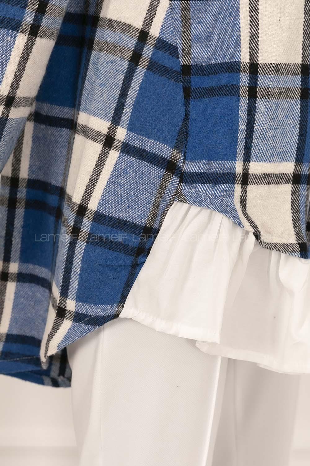 Modalamelif Ekose Desenli Hakim Yaka Fırfırlı Gömlek Saks Mavisi