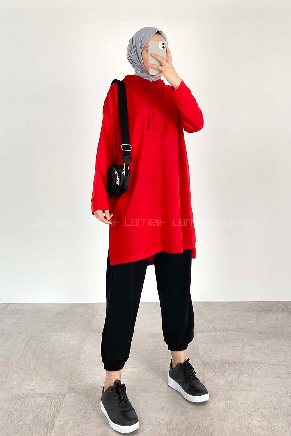 Modalamelif Kapüşonlu Düz Renk Tunik Kırmızı