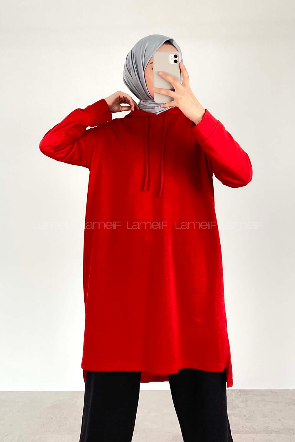 Modalamelif Kapüşonlu Düz Renk Tunik Kırmızı