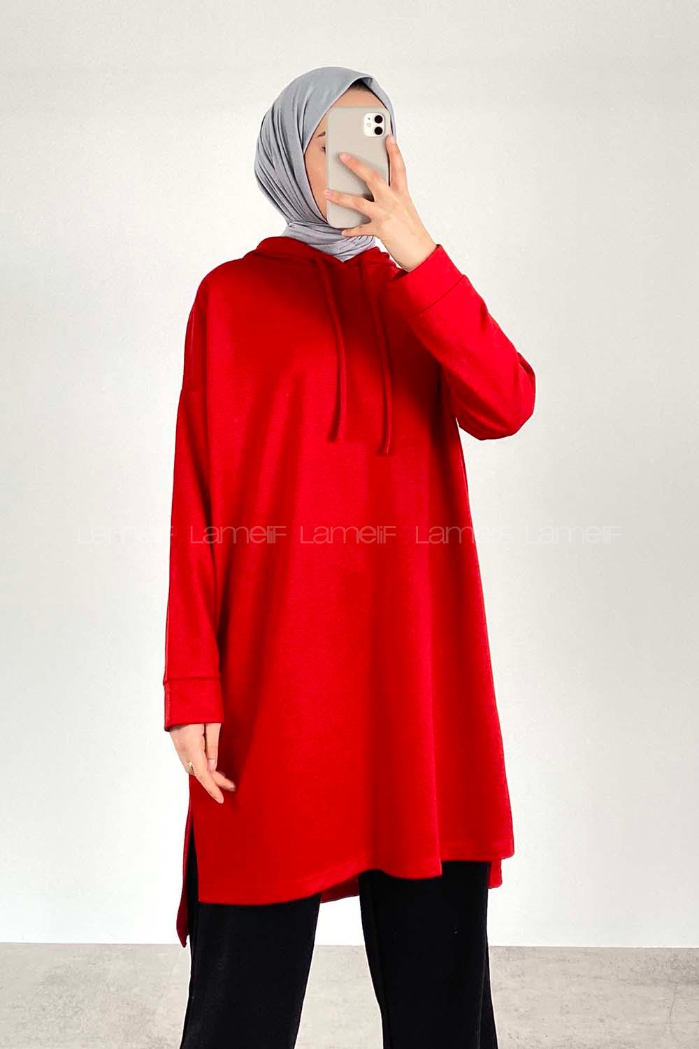Modalamelif Kapüşonlu Düz Renk Tunik Kırmızı