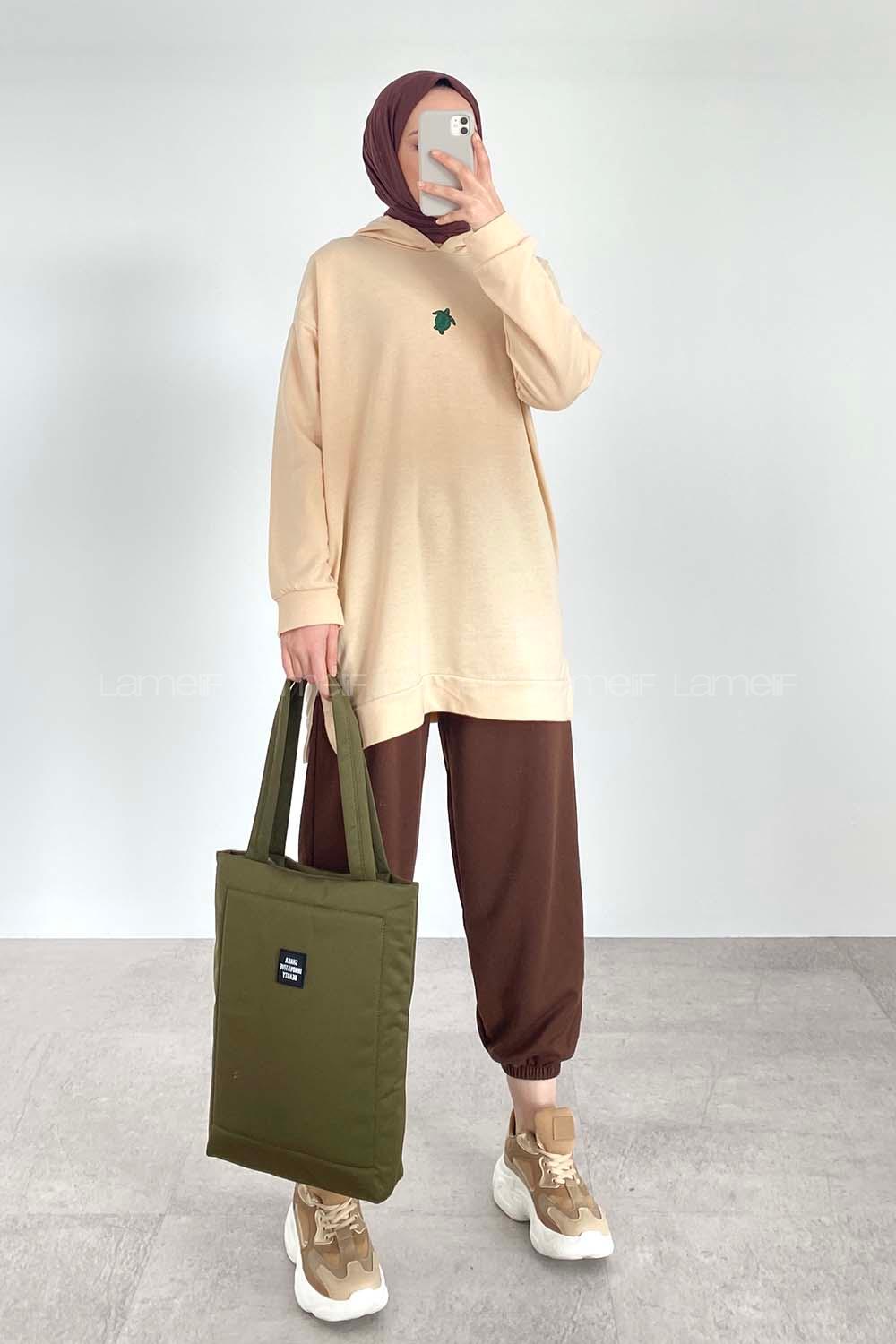 Modalamelif Kapüşonlu Kaplumbağa Nakışlı Sweat Krem