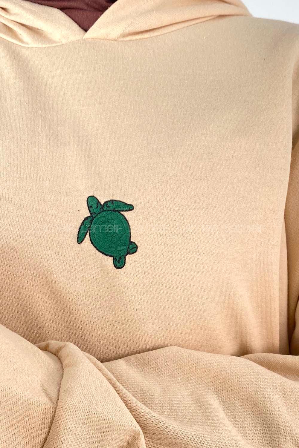 Modalamelif Kapüşonlu Kaplumbağa Nakışlı Sweat Krem