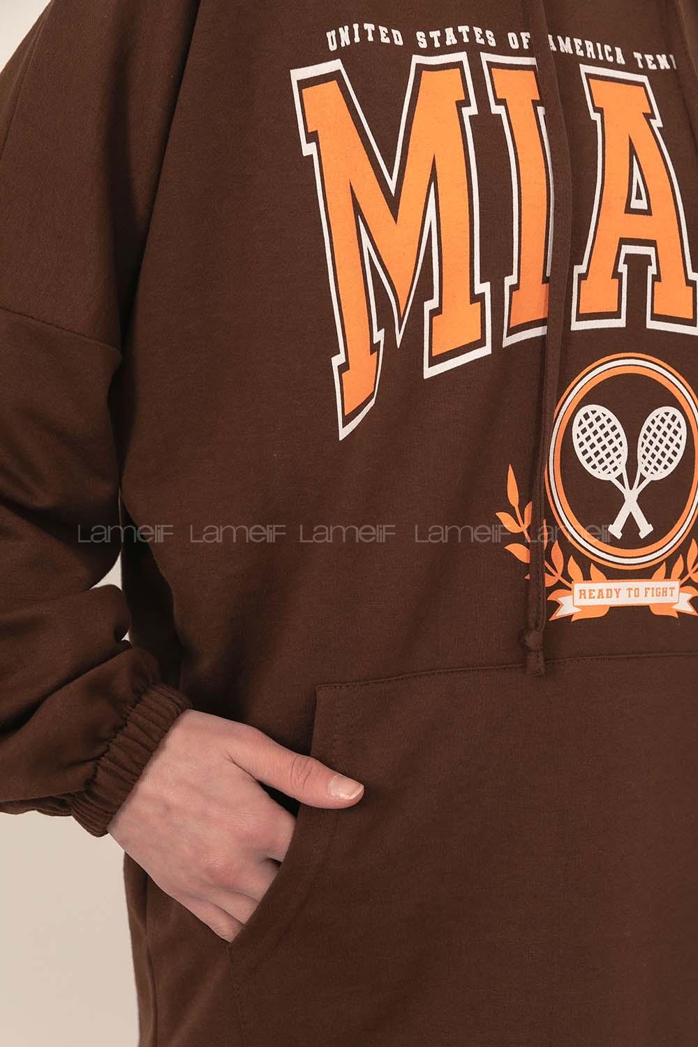 Modalamelif Kapüşonlu Miami Baskı Detaylı Sweat Acıkahve