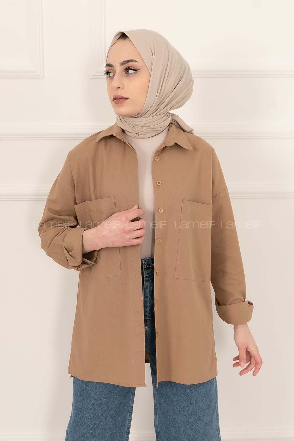 Modalamelif Kol Katlamalı Çift Cepli Gömlek Camel