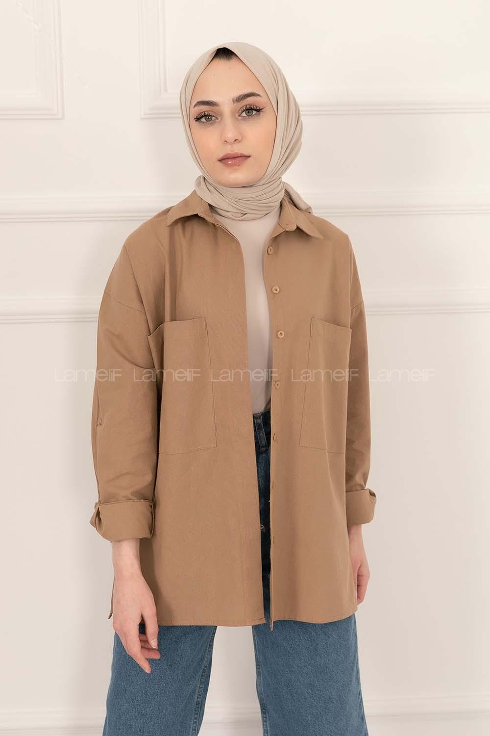 Modalamelif Kol Katlamalı Çift Cepli Gömlek Camel