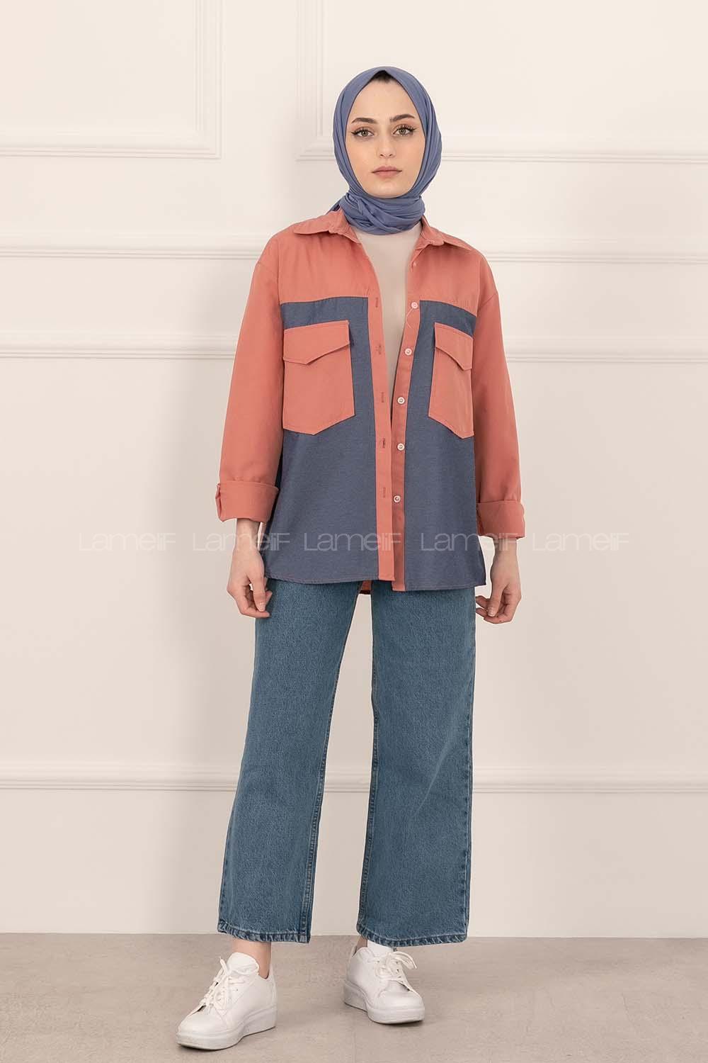 Modalamelif Renk Garnili Çift Kapak Cepli Gömlek Gül