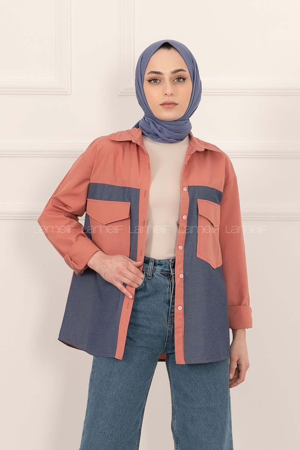 Modalamelif Renk Garnili Çift Kapak Cepli Gömlek Gül