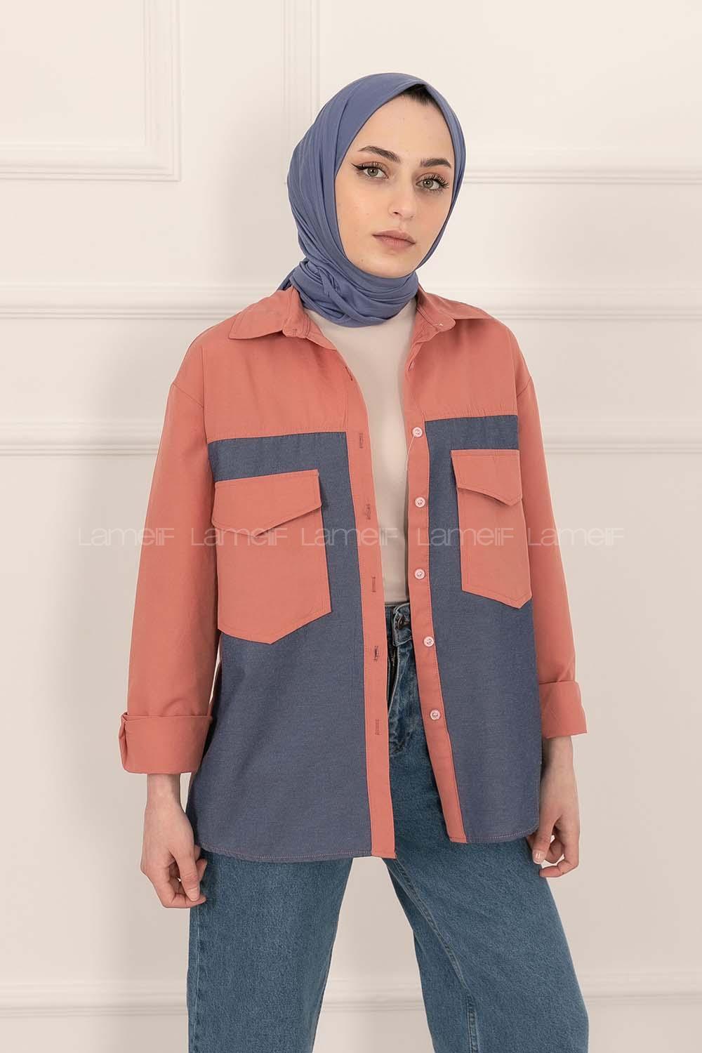 Modalamelif Renk Garnili Çift Kapak Cepli Gömlek Gül