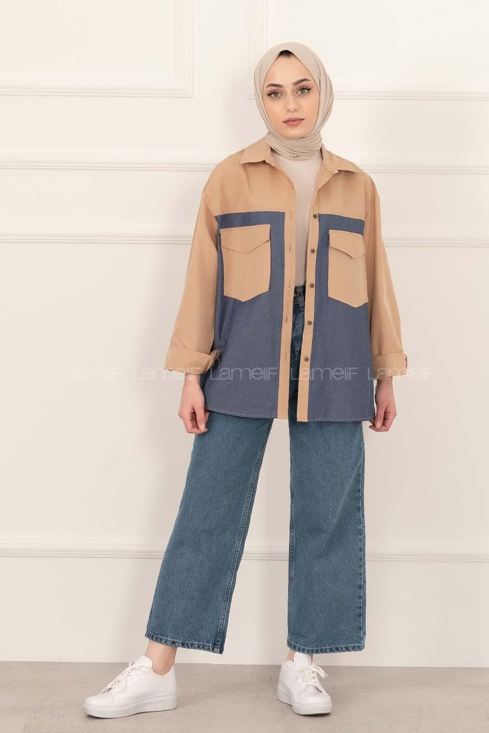 Modalamelif Renk Garnili Çift Kapak Cepli Gömlek Sütlükahve