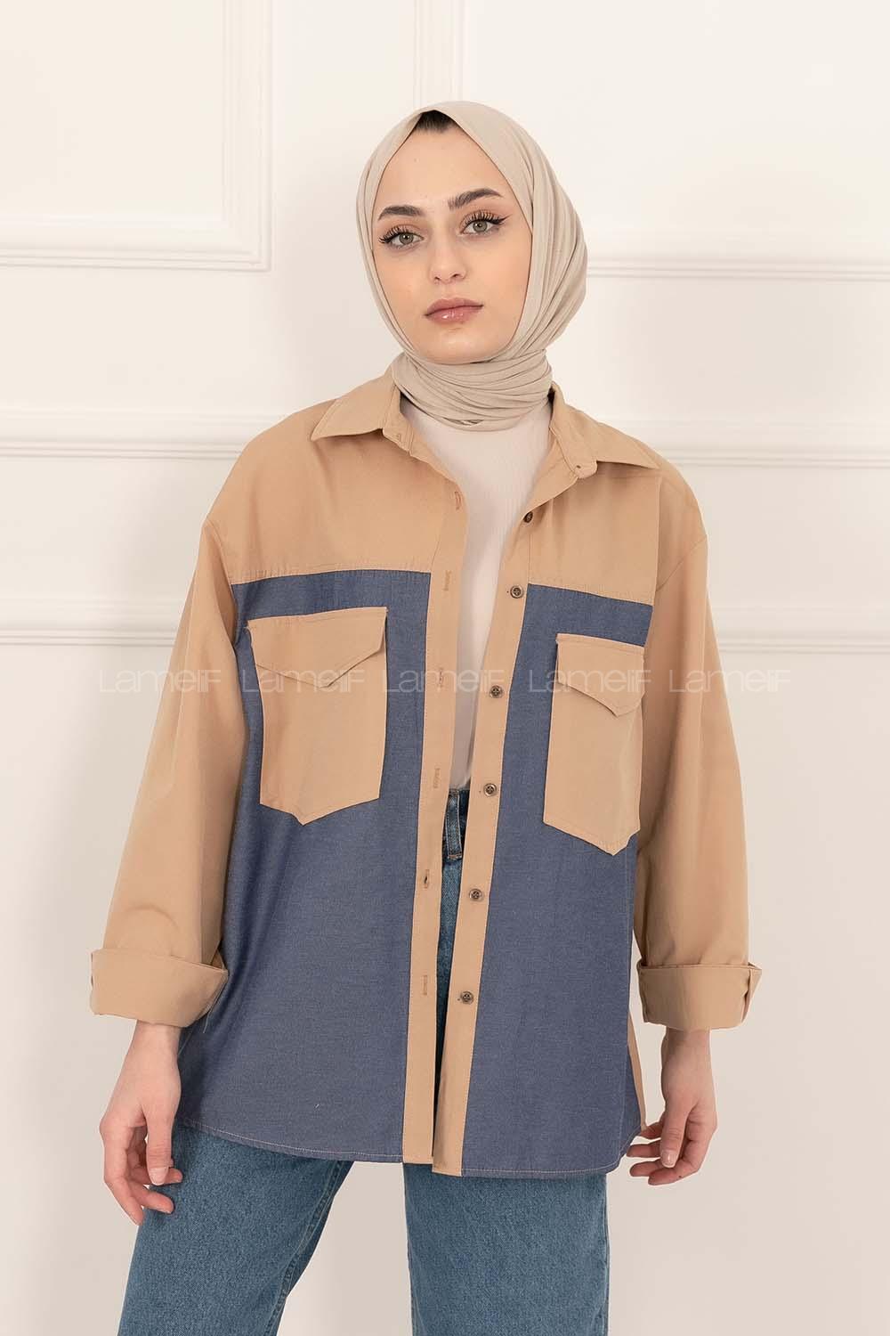 Modalamelif Renk Garnili Çift Kapak Cepli Gömlek Sütlükahve