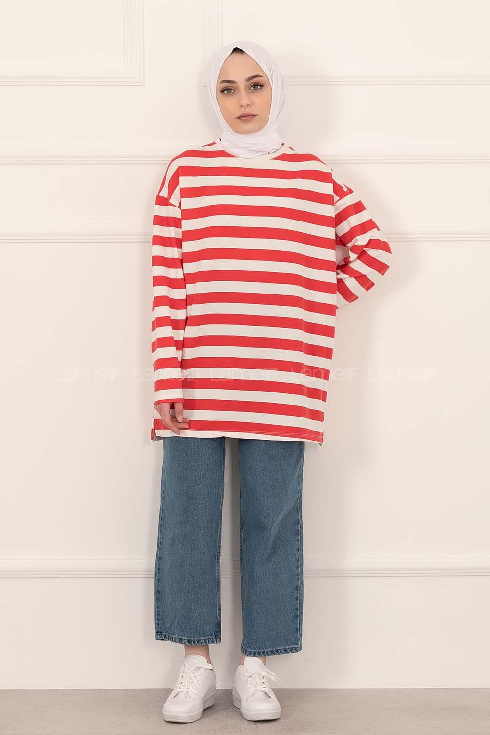 Modalamelif Salaş Çizgi Detaylı Tunik Kırmızı