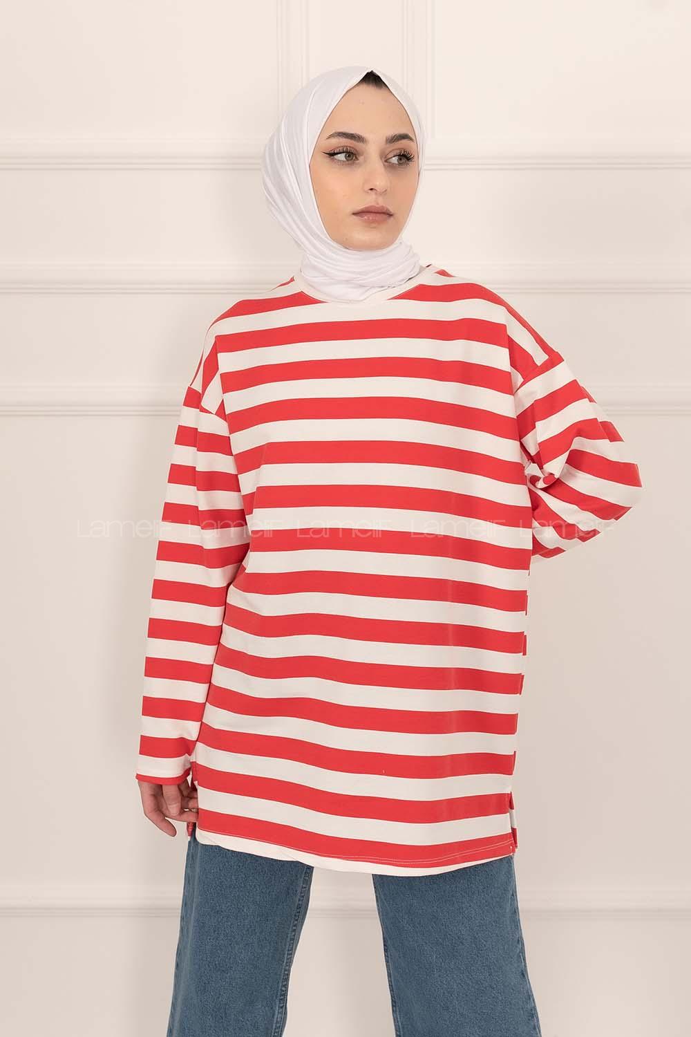Modalamelif Salaş Çizgi Detaylı Tunik Kırmızı