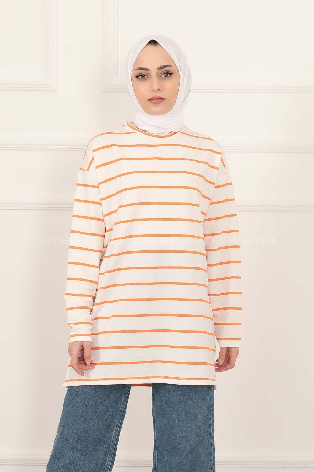 Modalamelif Salaş İnce Çizgi Detaylı Tunik Oranj