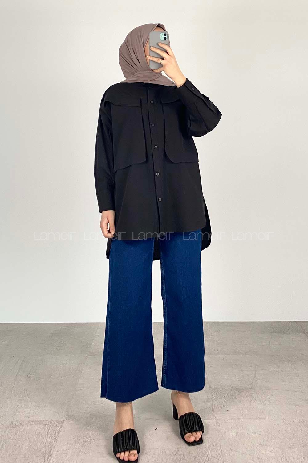 Modalamelif Asimetrik Bombe Cep Detaylı Gömlek Siyah