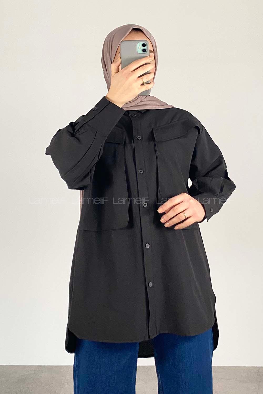 Modalamelif Asimetrik Bombe Cep Detaylı Gömlek Siyah