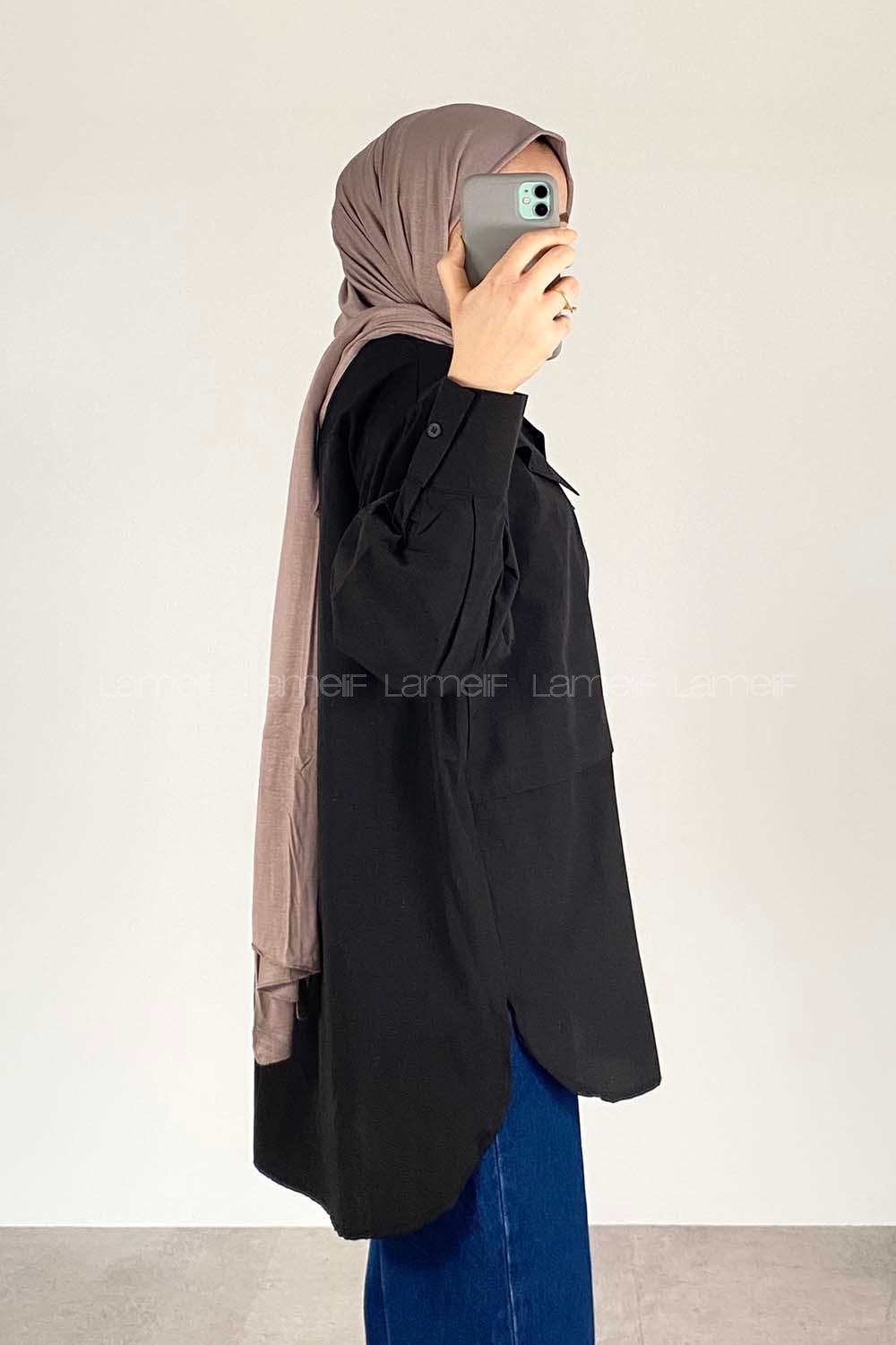 Modalamelif Asimetrik Bombe Cep Detaylı Gömlek Siyah