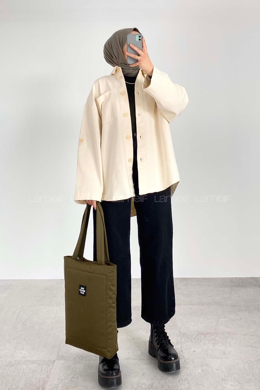 Modalamelif Çift Cepli Asimetrik Kesim Gömlek Krem