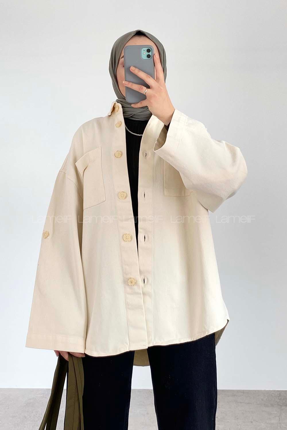 Modalamelif Çift Cepli Asimetrik Kesim Gömlek Krem