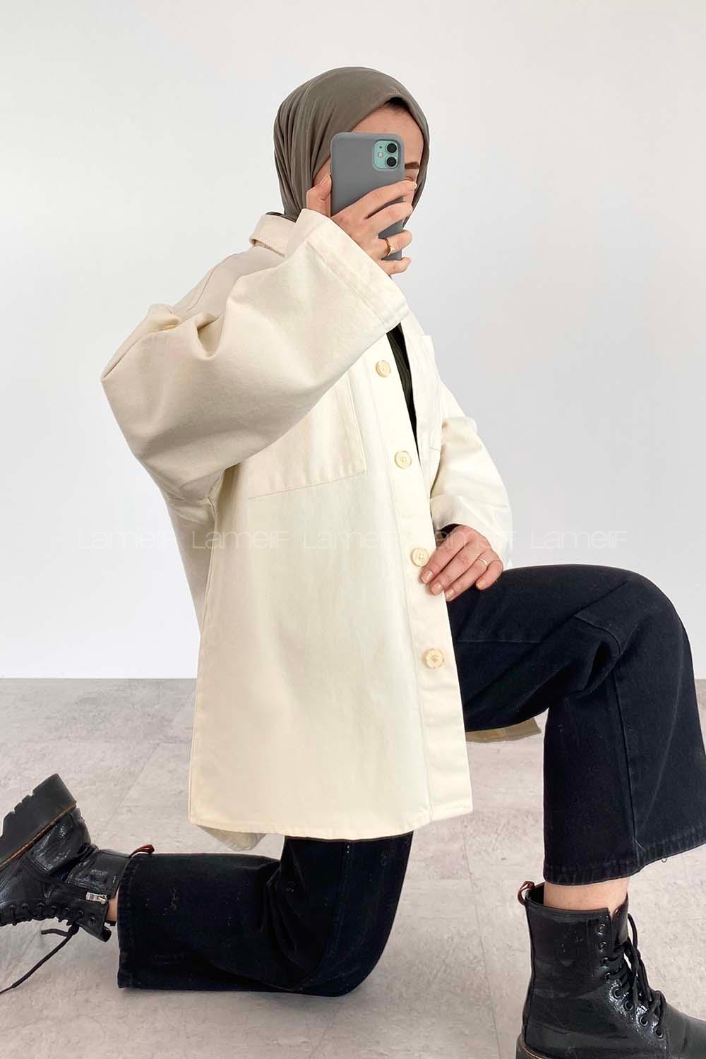 Modalamelif Çift Cepli Asimetrik Kesim Gömlek Krem