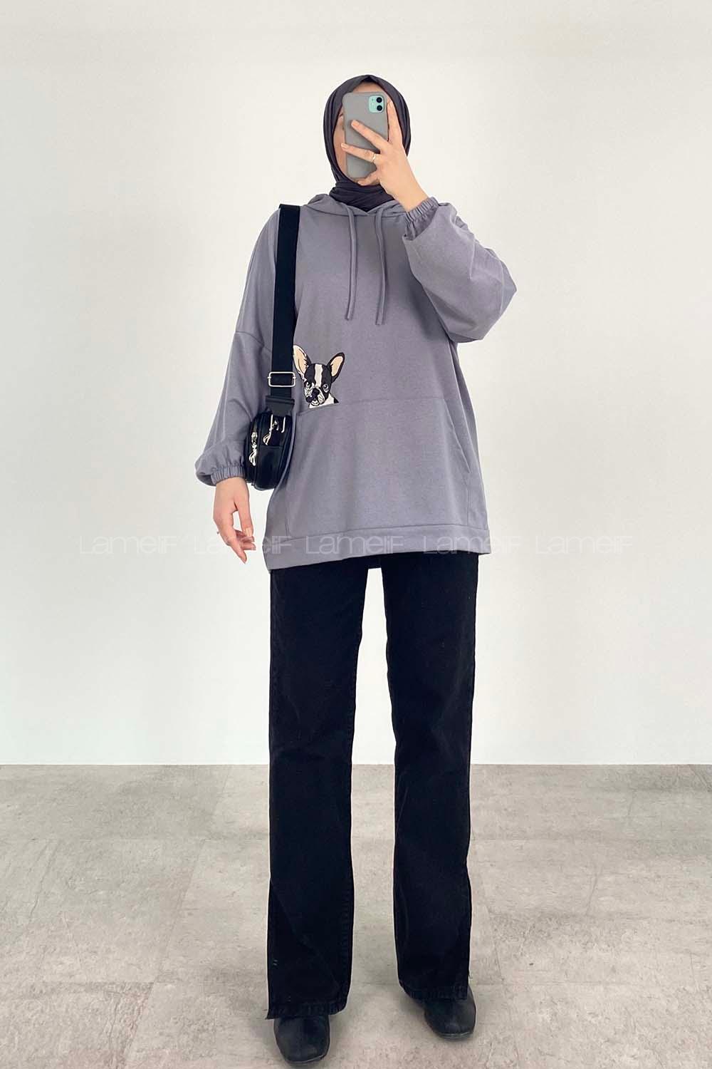 Modalamelif Dog Nakışlı Kapüşonlu Sweat Gri