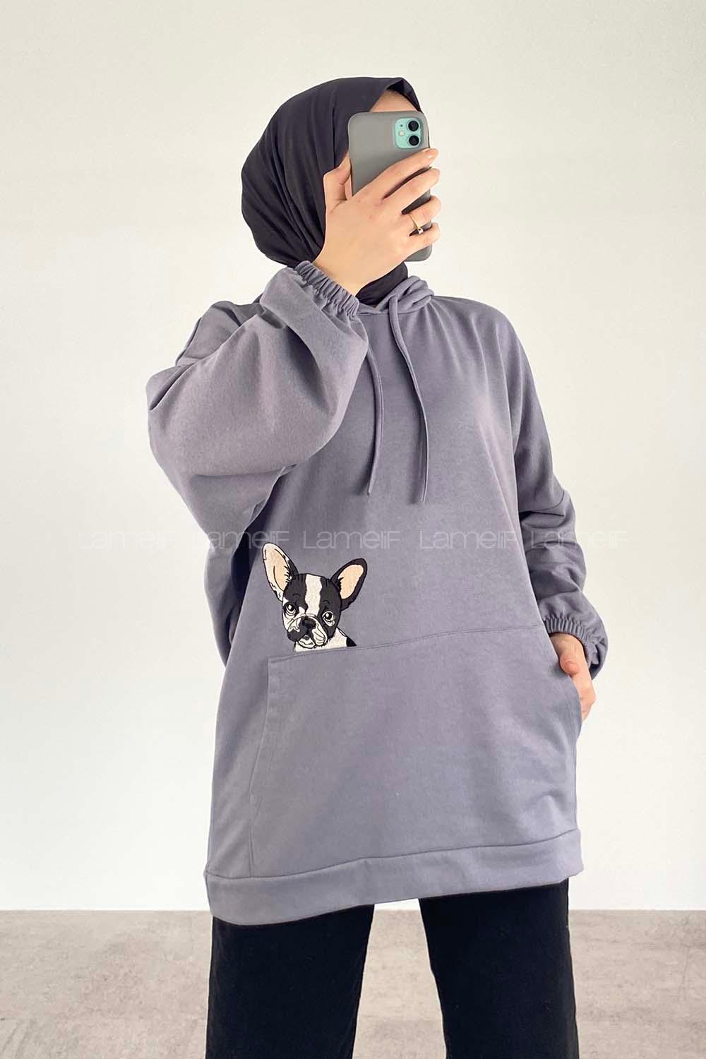 Modalamelif Dog Nakışlı Kapüşonlu Sweat Gri