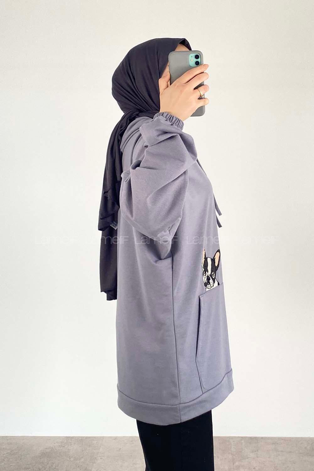 Modalamelif Dog Nakışlı Kapüşonlu Sweat Gri