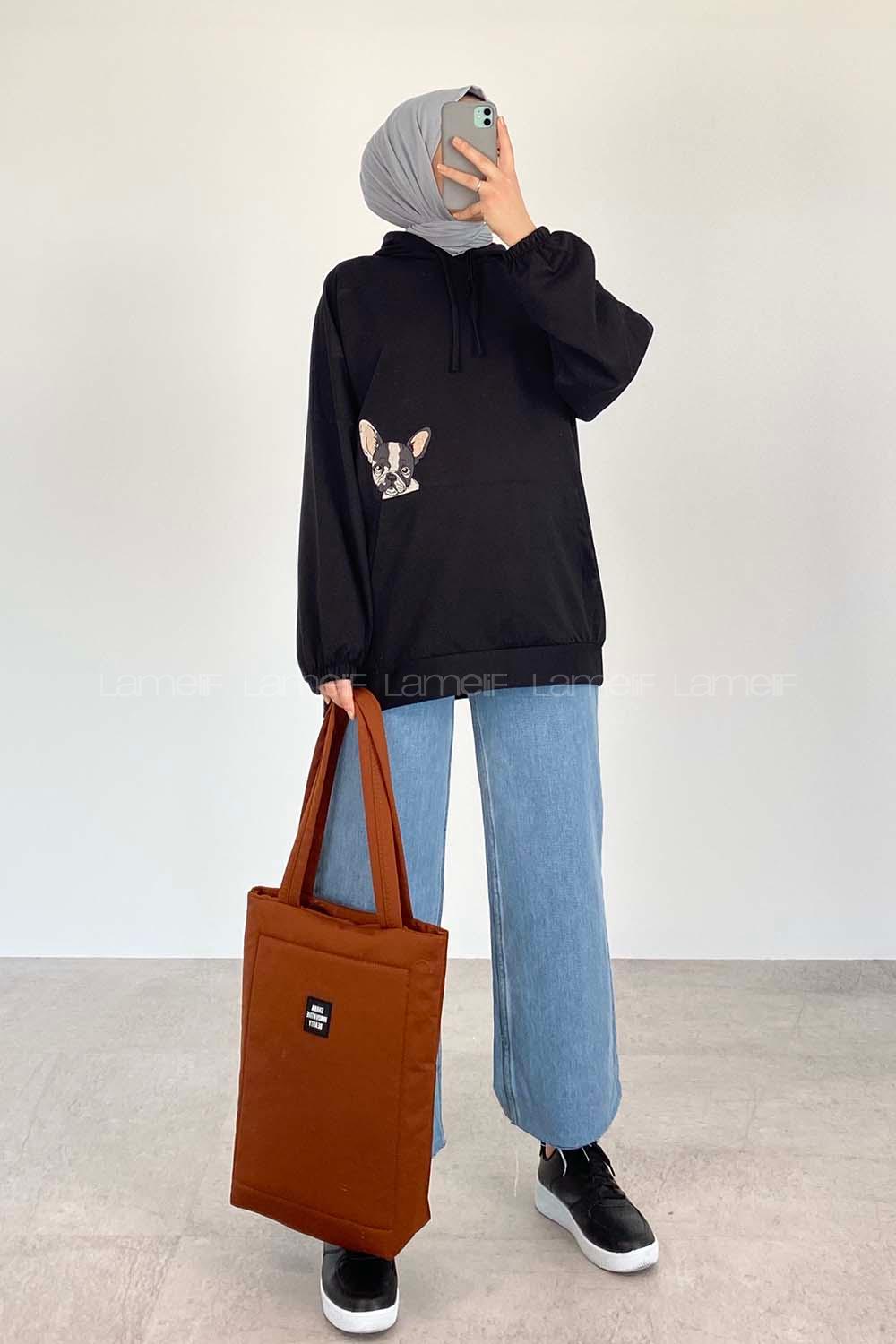 Modalamelif Dog Nakışlı Kapüşonlu Sweat Siyah