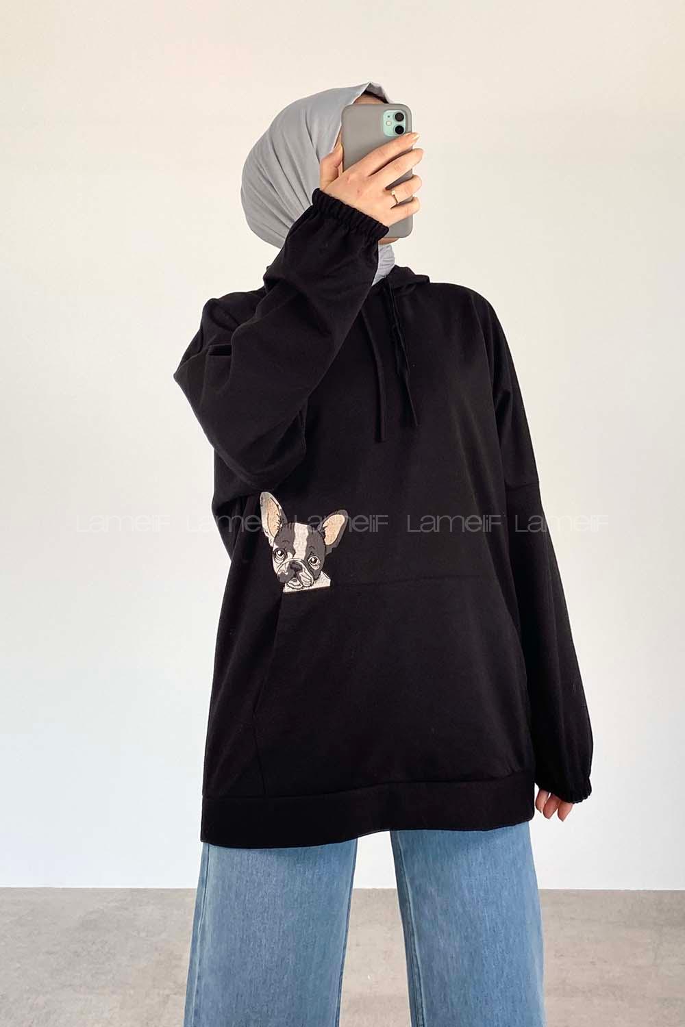 Modalamelif Dog Nakışlı Kapüşonlu Sweat Siyah