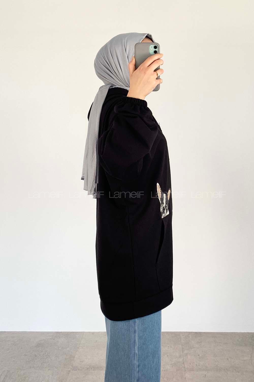 Modalamelif Dog Nakışlı Kapüşonlu Sweat Siyah