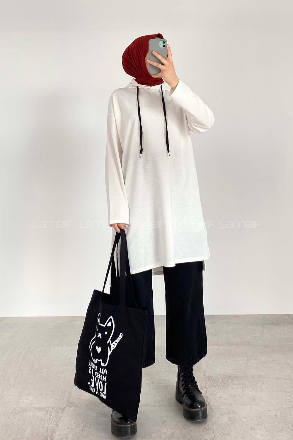 Lamelif Düz Tesettür Model Spor Tunik Beyaz
