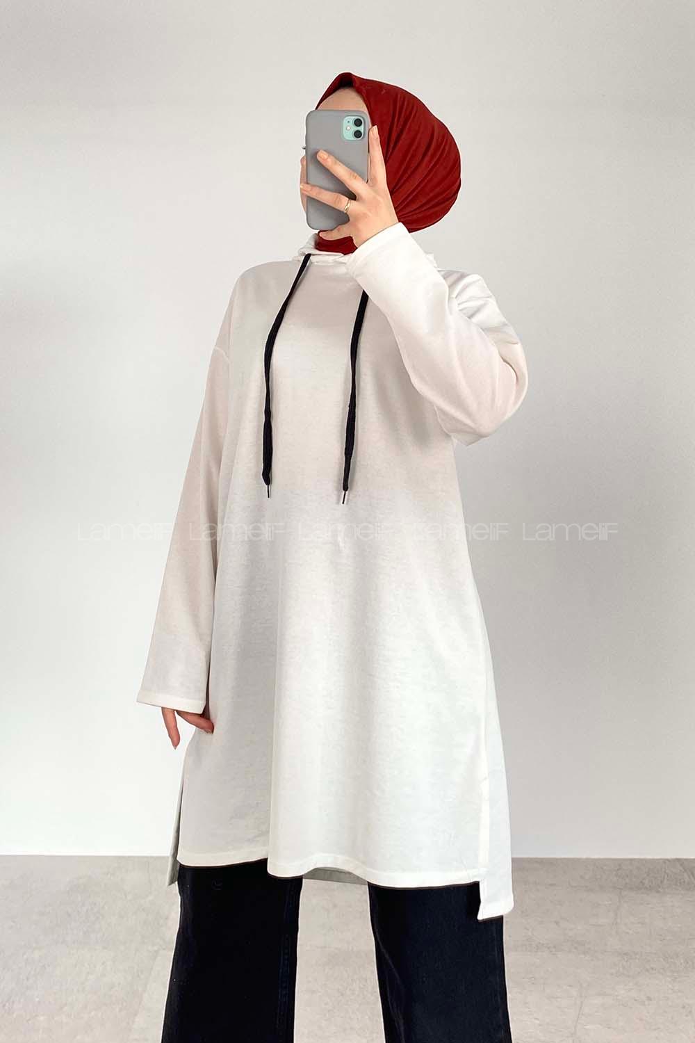 Lamelif Düz Tesettür Model Spor Tunik Beyaz
