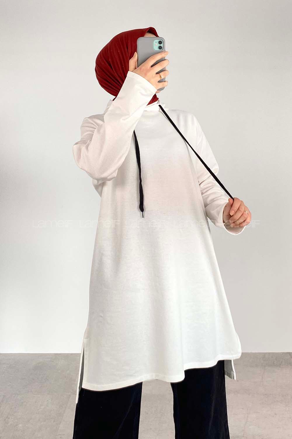 Lamelif Düz Tesettür Model Spor Tunik Beyaz