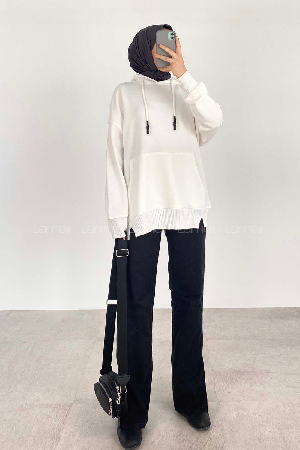 Modalamelif Kanguru Cep Kapüşon Detaylı Düz Vallyn Sweat Beyaz