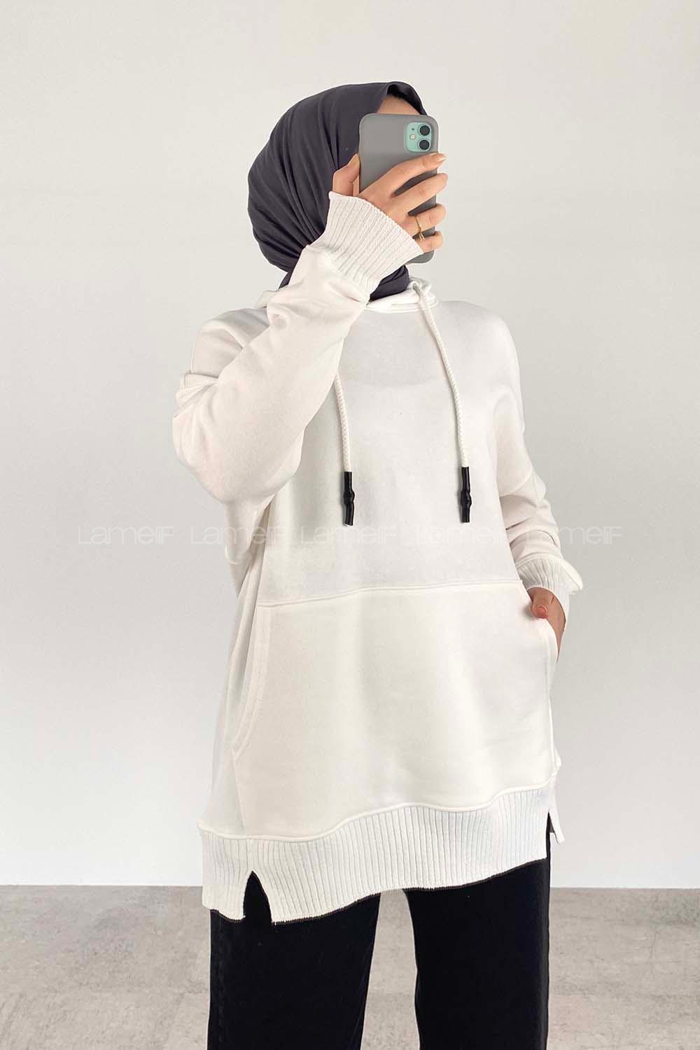 Modalamelif Kanguru Cep Kapüşon Detaylı Düz Vallyn Sweat Beyaz