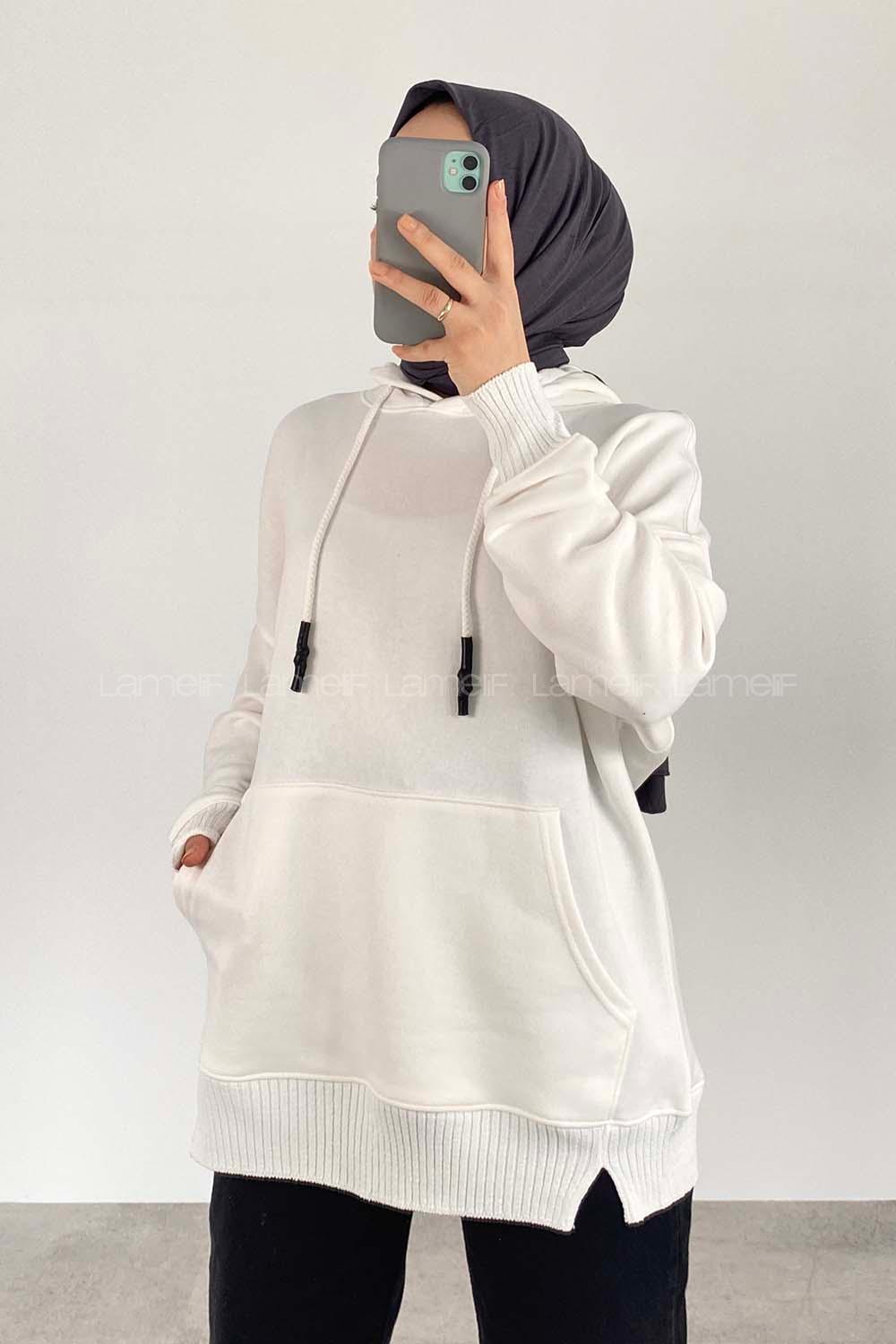 Modalamelif Kanguru Cep Kapüşon Detaylı Düz Vallyn Sweat Beyaz