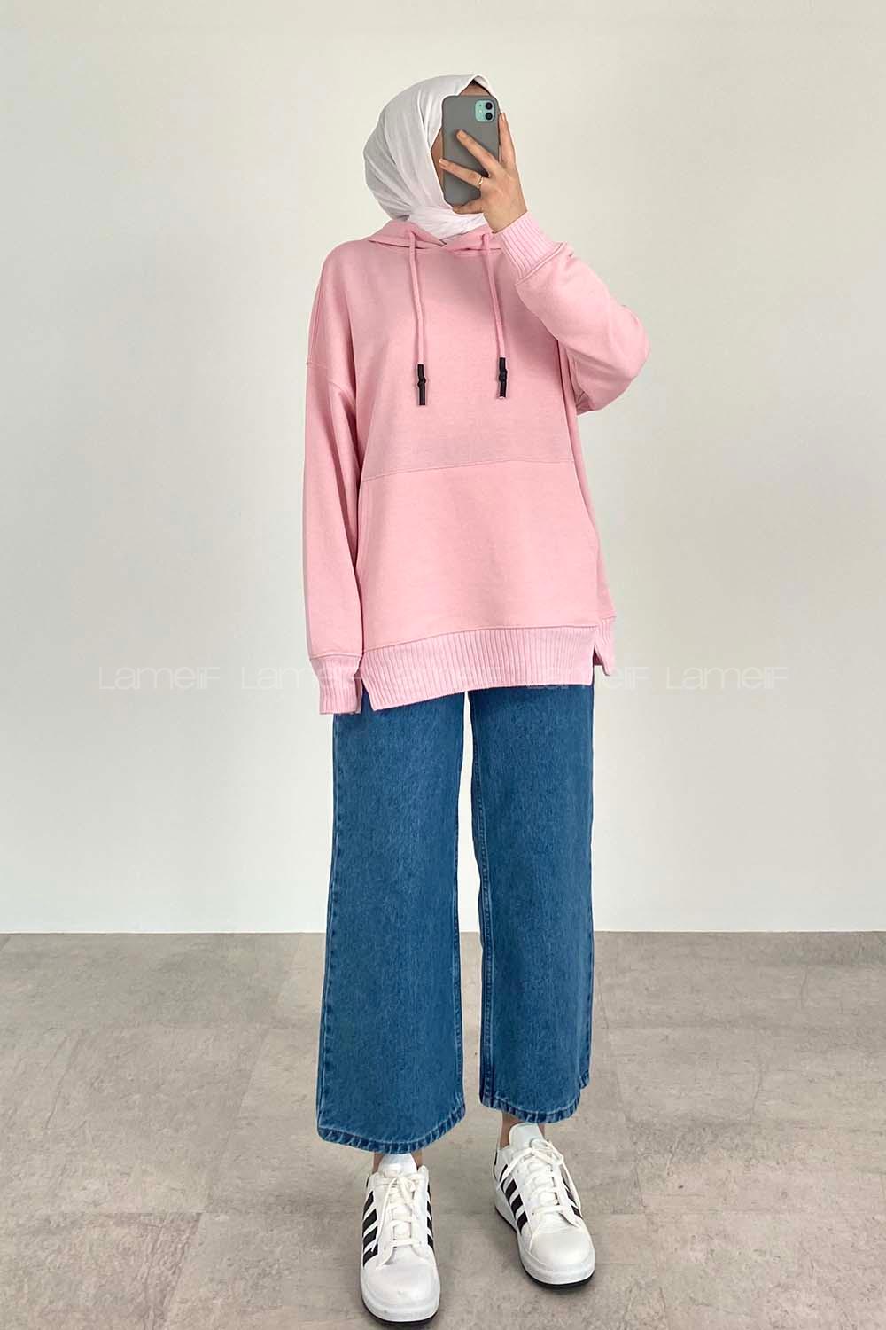 Modalamelif Kanguru Cep Kapüşon Detaylı Düz Vallyn Sweat Pudra